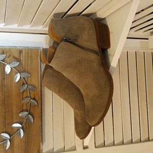 Tan Perforated Suede Basel Bootie Double Zipper Stacked Heel